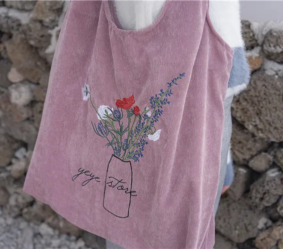 New Women Corduroy Shoulder Bag Ladies Embroidery Canvas Shopping Bags Female Eco Cotton Cloth Handbag Foldable Tote