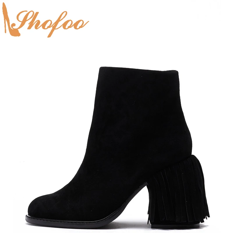 

Женские ботильоны на высоком массивном каблуке, черные ботинки с круглым носком, на молнии, большой размер 14, 15, женская модная привлекательная обувь с бахромой