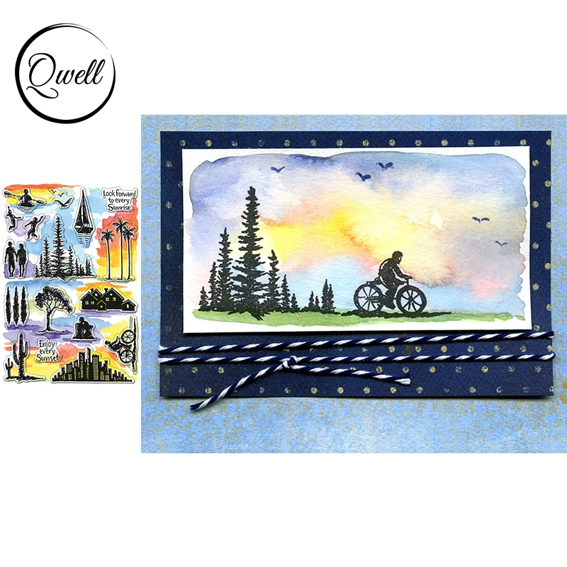 QWELL 4*6 дюймов прозрачные марки кокосовые пальмы велосипед сцена заката для DIY