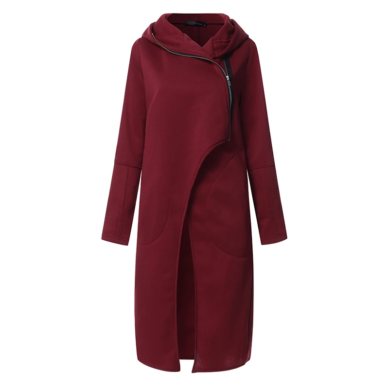 Wine Red( ZANZEA толстовка женская Повседневная однотонная с карманами на молнии Длинные куртки с капюшоном Asymetrical толстовки длинное пальто Зимняя верхняя одежда с длинным рукавом - Цвет: Wine Red(
