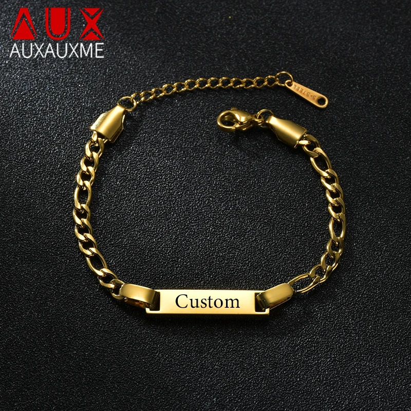

Auxauxme Personlized Name Kids Bracelet Engrave Name Date Stainless Steel Curb Cuban Link Chain Custom Jewelry For Women Men