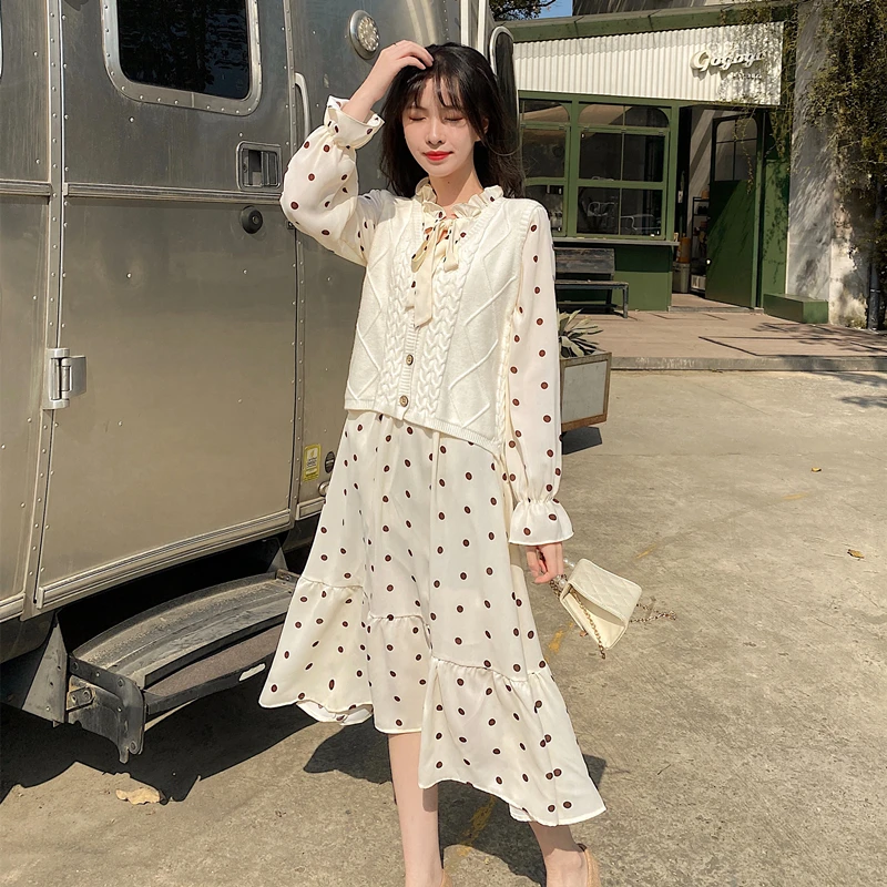 Женские винтажные шифоновые платья в белый горошек с длинным рукавом вечерние