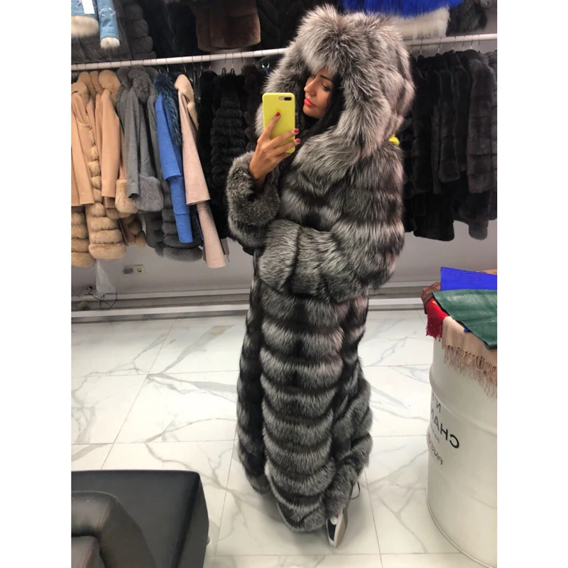130cm Long Real Silver Fox Fur Coat With Hood Thick Warm Natural Fur Coats Women Outwear Luxury 2022 Trendy Female Fur Overcoats
