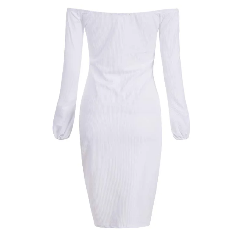 

2020 Autumn V Neck Knitted Dress Women Midi Off Shoulder Sweater Dress Ladies Long Sleeve Fashion