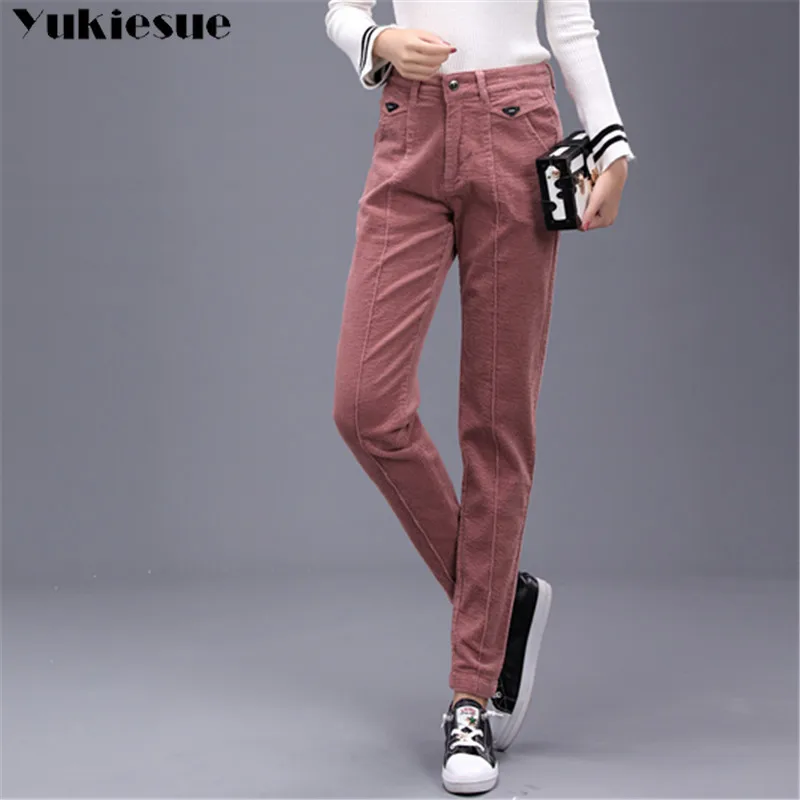 Осенние женские вельветовые брюки с высокой талией шаровары повседневные