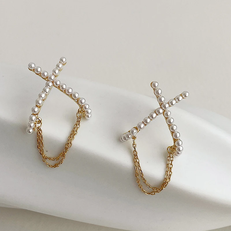 

GSOLD Simple Geometric Cross Imitation Pearl With Chain Stud Earrings Women Temperament Tassel Ear Jewelry Fashion Accessories