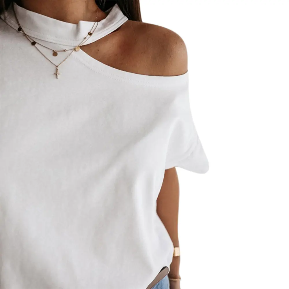 Женская футболка на одно плечо белая однотонная черная с коротким рукавом и