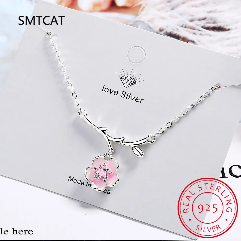 

925 Sterling Silver Pink Cherry Blossom Necklaces Fashion Daily Jewelry Flower Pendant Necklace S-N437