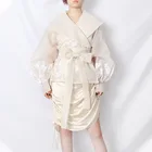 Дизайнерская Женская рубашка в стиле ретро из органзы, контрастная женская рубашка с отложным воротником, галстуком-бабочкой и длинным рукавом-фонариком, 2020