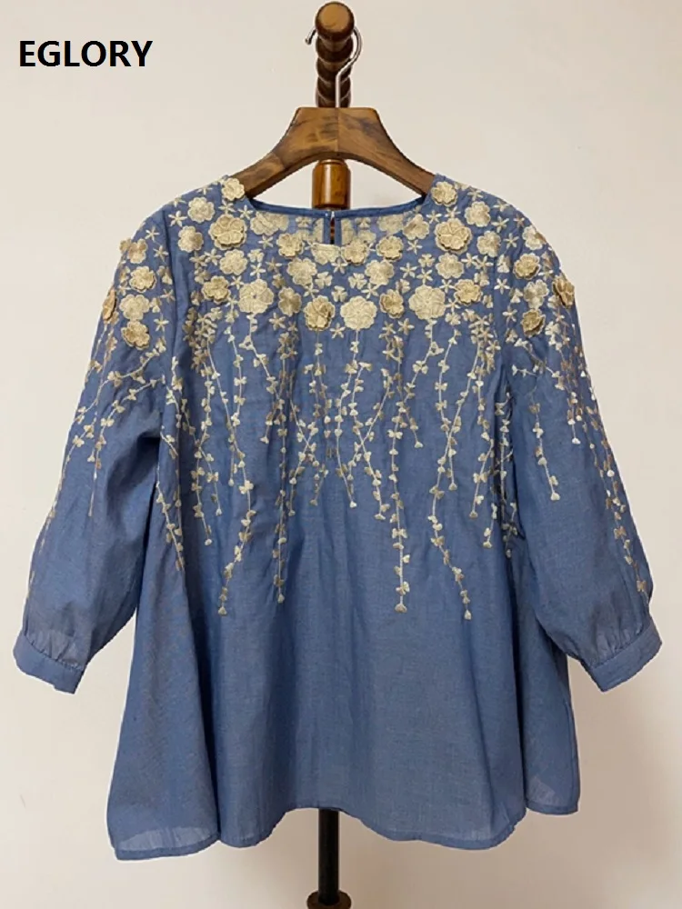 

High Quality Cotton Blouses 2020 Spring Summer Blue Shirt Women Luxuirous Golden Embroidery Casual Basic Tops Blouse Female