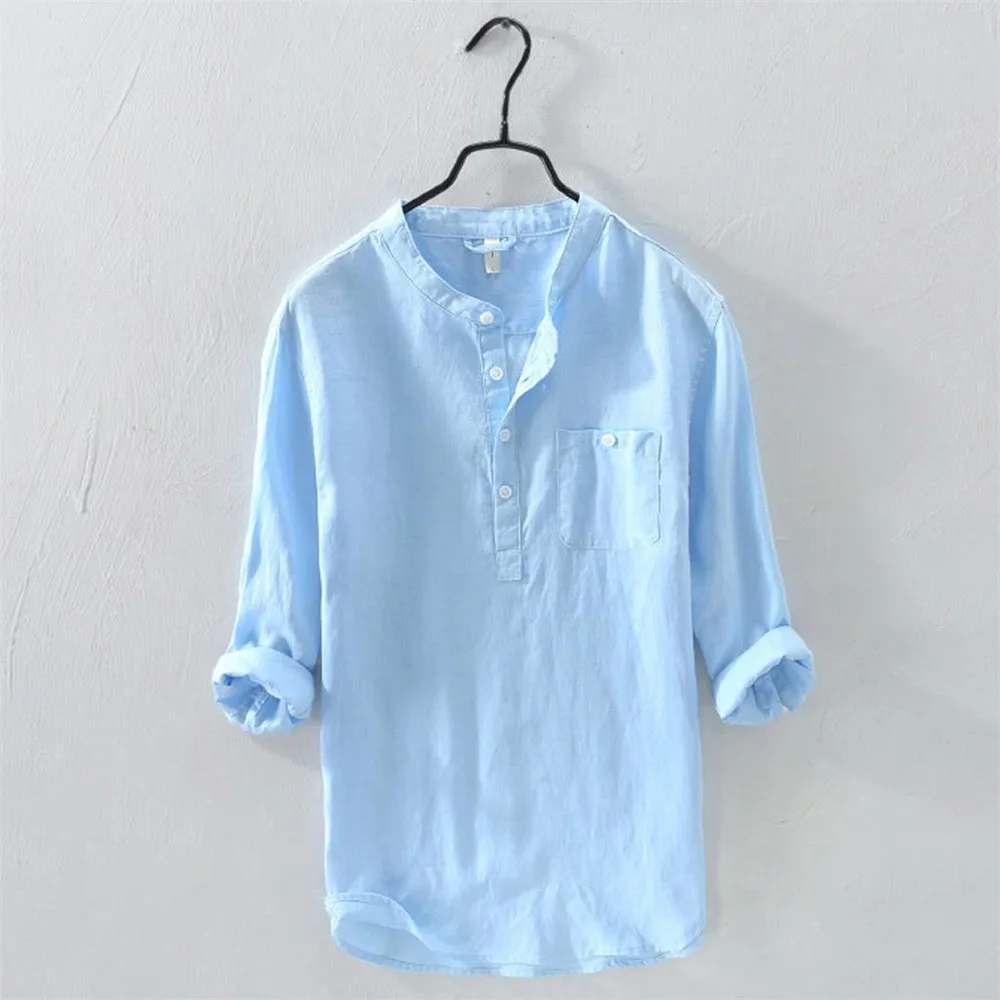 

Men Shirt Cotton 3/4 Sleeve Stand Collar Harajuku Tops Solid Color Vintage Brand Shirts 2021 Streetwear
