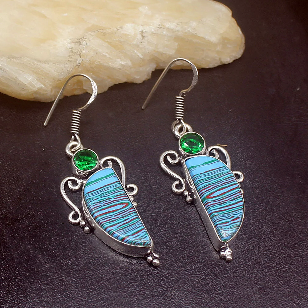 

Gemstonefactory Big Promotion Unique 925 Silver Stripe Jasper Green Topaz Women Ladies Gifts Dangle Drop Earrings 20212356