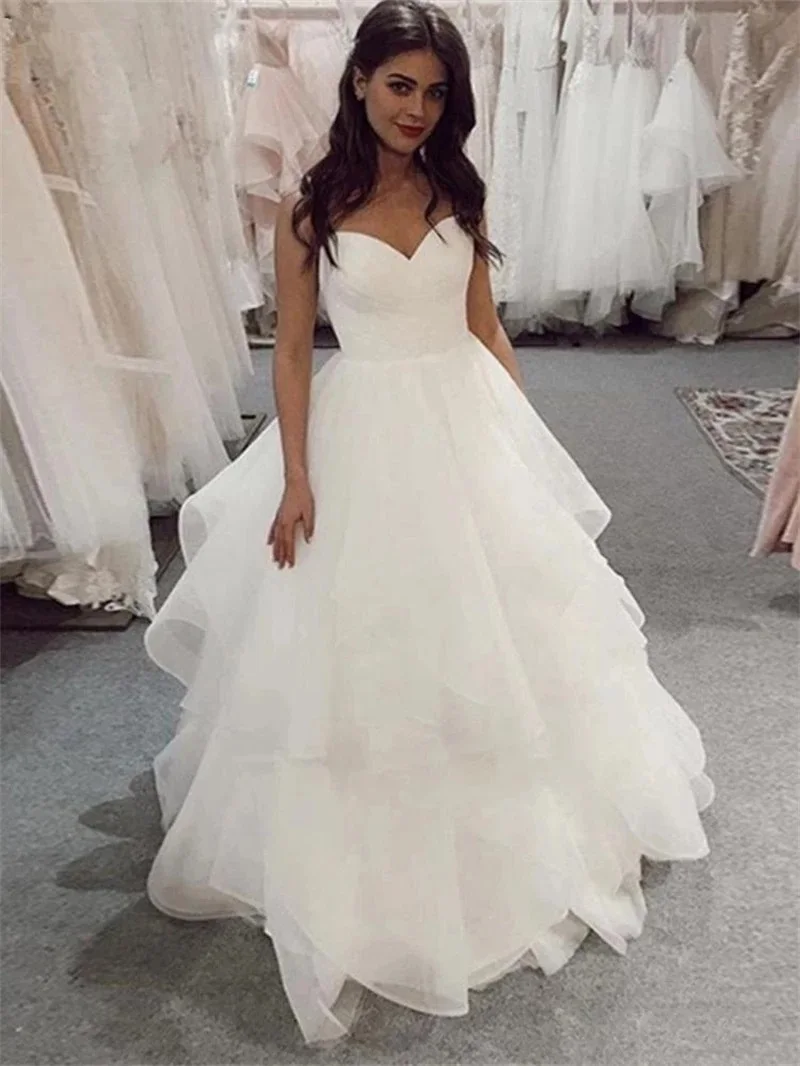 

2021 A Line Sleeveless Sweetheart Tulle Ball Gown Wedding Dress Vestidos De Novia Sexy Ruffles Vestido De Boda Lace-up Back