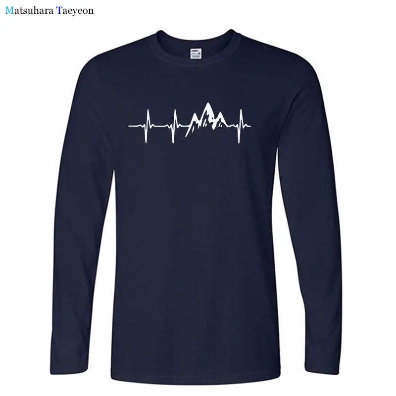 

Осенняя мужская футболка с Горным сердцебиением, хлопковая футболка с длинными рукавами для мужчин, повседневные топы с круглым вырезом, фу...