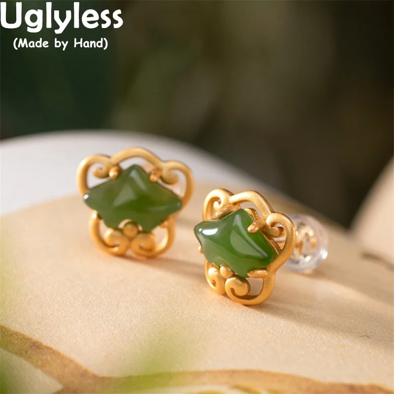 

Uglyless China Chic Ethnic Abstract Heart-shape Gemstones Earrings Luxury Jade Jasper Studs Earrings Retro Brincos 925 Silver