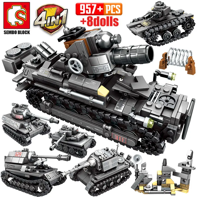 

SEMBO 957pcs City WW2 Chariot Series Building Blocks Military Tank Army Soldier Figures Electric Bricks Toys for Children