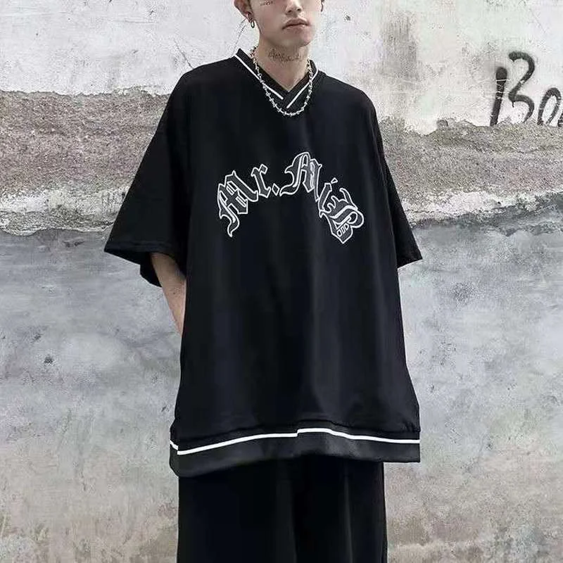 

Cotton V-neck Letter Print Sports Baseball Oversized T Shirt Men Women Short Sleeve Loose American Street Vintage T-shirt Summer