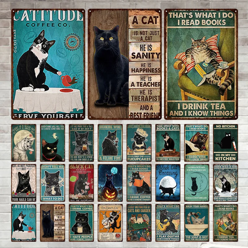 Металлический постер с забавной черной кошкой настенная табличка животными