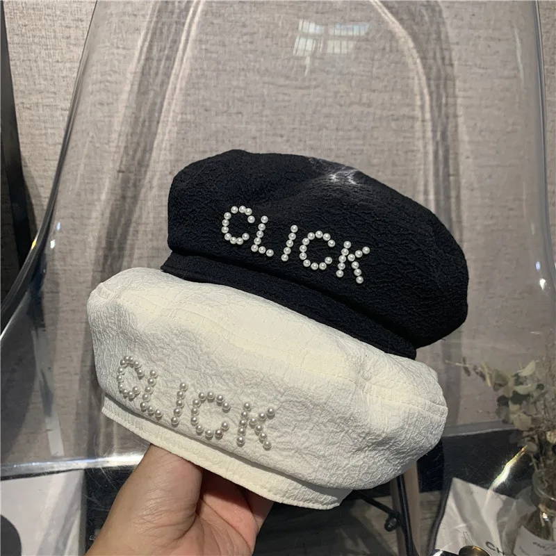 

2021 New Brand New Style Pearl Letters Breathable Navy Hat Autumn Outdoor Causal Visor Cap Beret Hats For Women Peaky Blinders