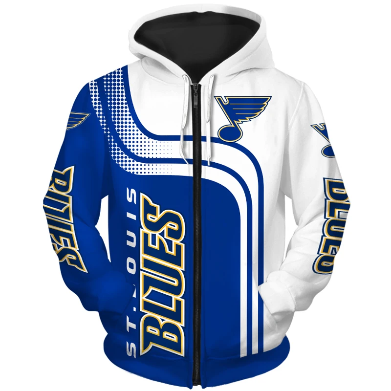 

St. Louis men's fashion Long sleeve 3D Blues Zip Hoodies Blue and white line musical note printing Sweatshirt