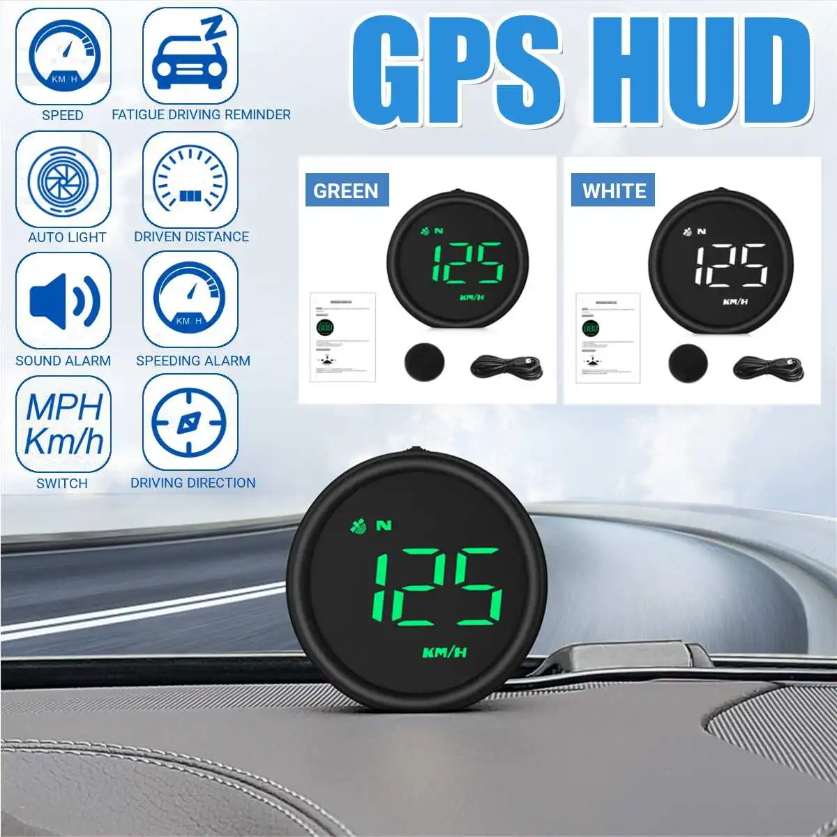 

Multi-Function GPS Gauge Head Up Display Digital HUD RPM MPH Speed Alarm Auto Smart Electronics Accessories Green White