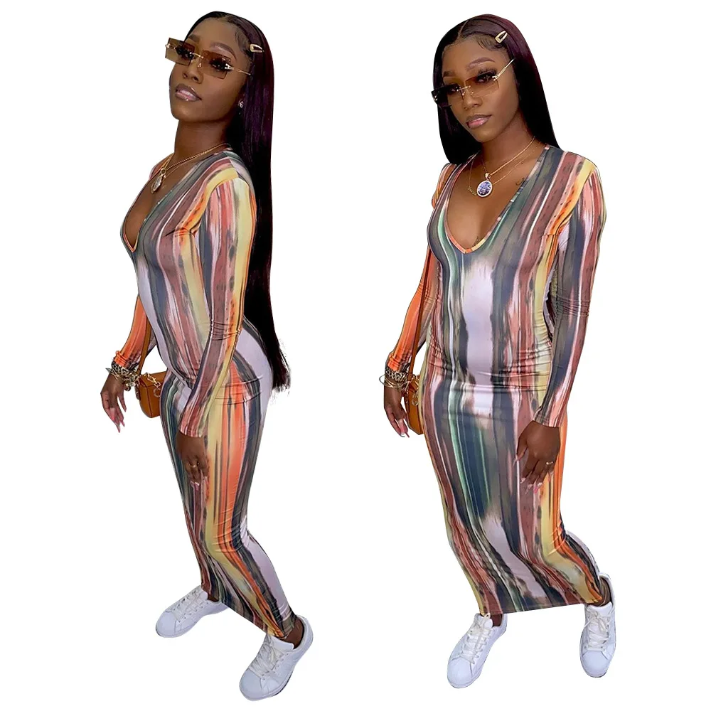 

2021 Fashion Women's Dress Summer Long Sleeve Printed V-Neck Dress Woman Slim Party Dress Dresses Robe Femme