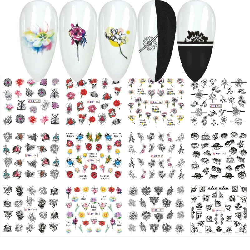 

12 стилей, дневная копия, черный цветок, полый акварель, цветочный дизайн, слайдер, обертывания для ногтевого дизайна, декоративные татуировк...