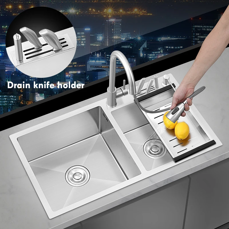 

Кухонная раковина из нержавеющей стали с держателем для ножей, двойная раковина для кухонного приспособления, аксессуары для слива, емкост...