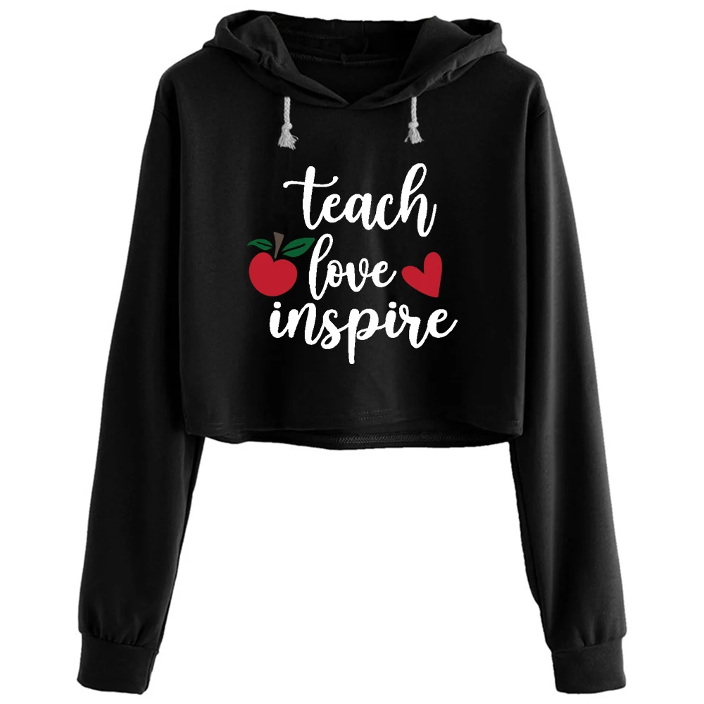 

Teach Love Inspire Crop Hoodies Women Y2k Kawaii Goth Grunge Pullover For Girls
