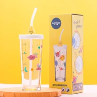 500ml cloud whale glass graduated straw cup cute korean style girl water bottle safety material sealed tight