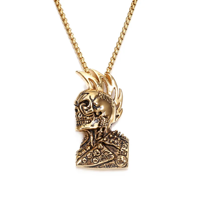 

Stainless Steel Jewelry Roman Ghost Head Skull Pendant Trendy Man Cool Accessories Necklace Wholesale