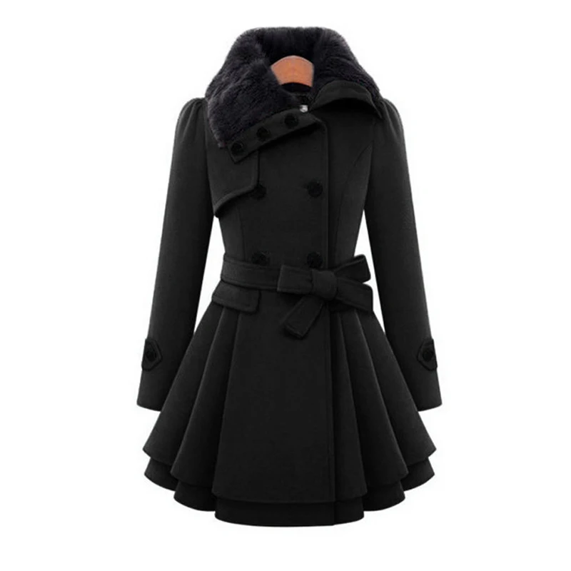 

Oversized women winter outwear faux fur collar jackets Casual turn-down collar wool trench coat with belts manteau femme hiver