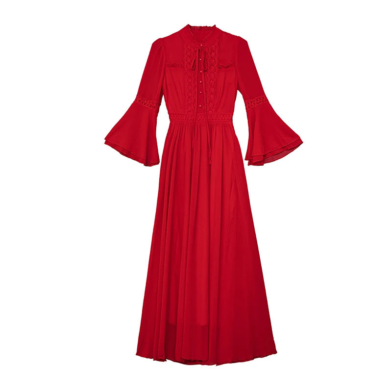

Women Red Chiffon Dress Vintage Lace Flare Sleeve Long Maxi Dresses For Large Size Lady Date Birthday Party Night Robe Vestidos