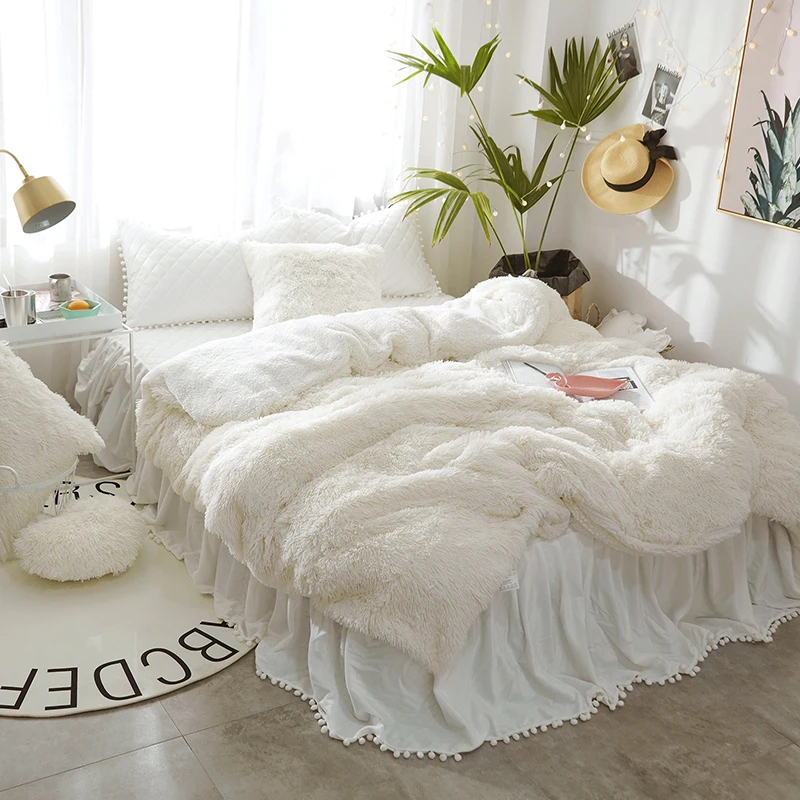 

White Pink Fleece Warm Bedding set King Queen twin size Kids Girls Princess Duvet Cover Bed setBedskirt Bedspread parrure de lit