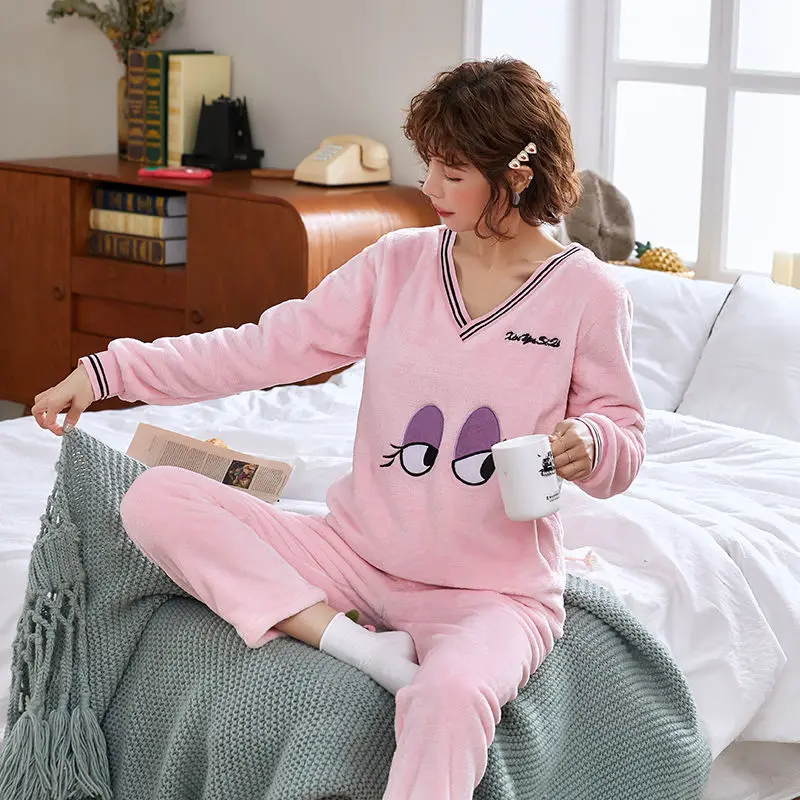 pink sleepwear Пижамы женские большие размеры пижамы из плотной ткани женские теплые длинные осенние пижамы зимний домашний костюм женская пижама домашний L-XXL - Color: pink sleepwear
