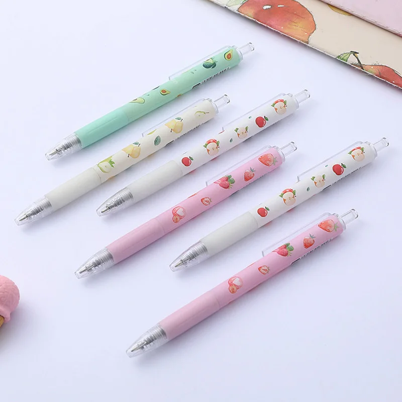 

4pc/lot Fruit Avocado Gel Pen 0.5mm Black Ink Apple Pear Strawberry Press Style Pen Replaceable Refill Office School Writing Pen