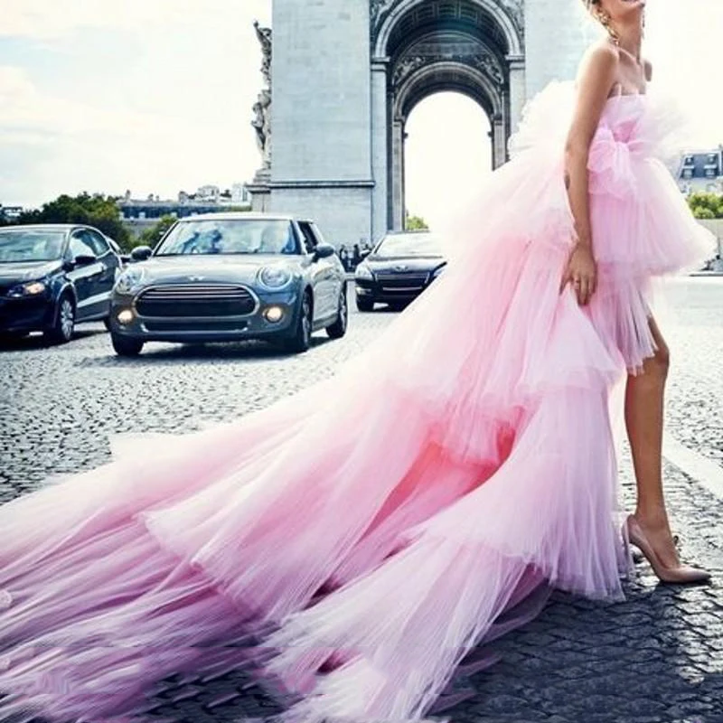 

Sexy High Low Sweet 16 Tulle Pink Prom Dress 2021 Ruffle Tiered Ball Gown Summer Evening Party Dresses Vestido De Fiesta Rochii