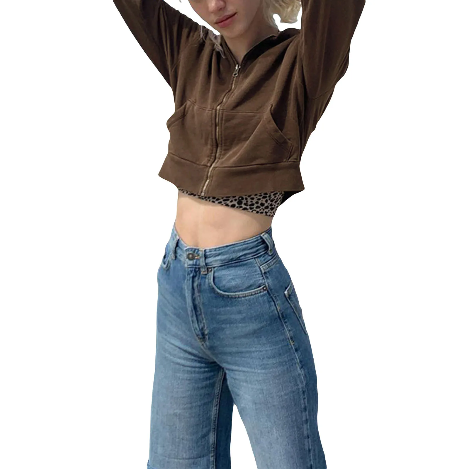 

Осеннее женское коричневое короткое плотное худи, модное однотонное пальто на молнии с длинным рукавом, стильный топ