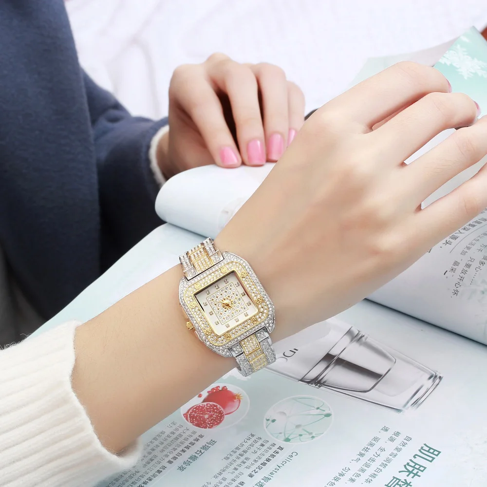 Роскошный квадратный кварцовый алмаз женское платье часы Золотой лед цепи из