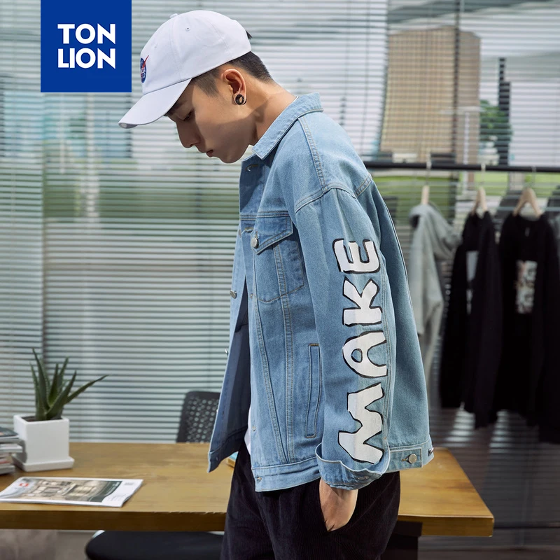 Мужская джинсовая куртка TONLION синяя с длинным рукавом и принтом в виде большой