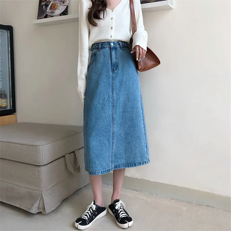 

Hzirip 2020 New Female Chic Large Size Hot Cowboy Solid Brief Women Straight Skirts Stylish Autumn High Waist Denim Split Skirts