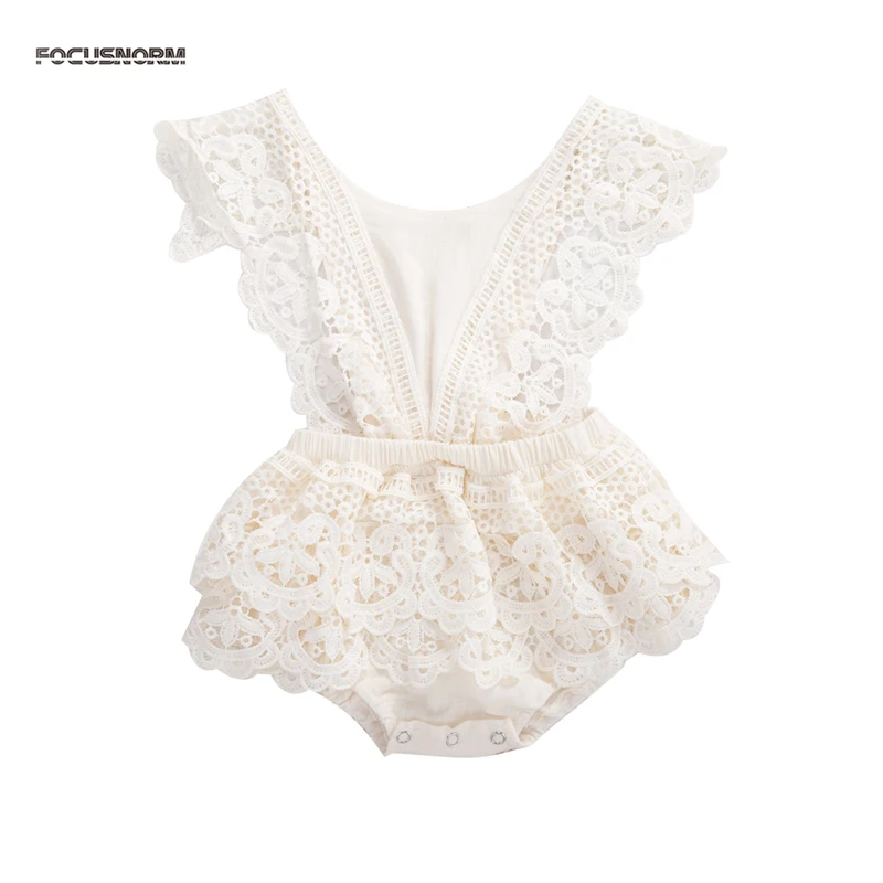 

0-3Y Baby Girls Bodysuits Lace Flowers Ruffles Short Sleeve Backless Jumpsuits Summer Outfits