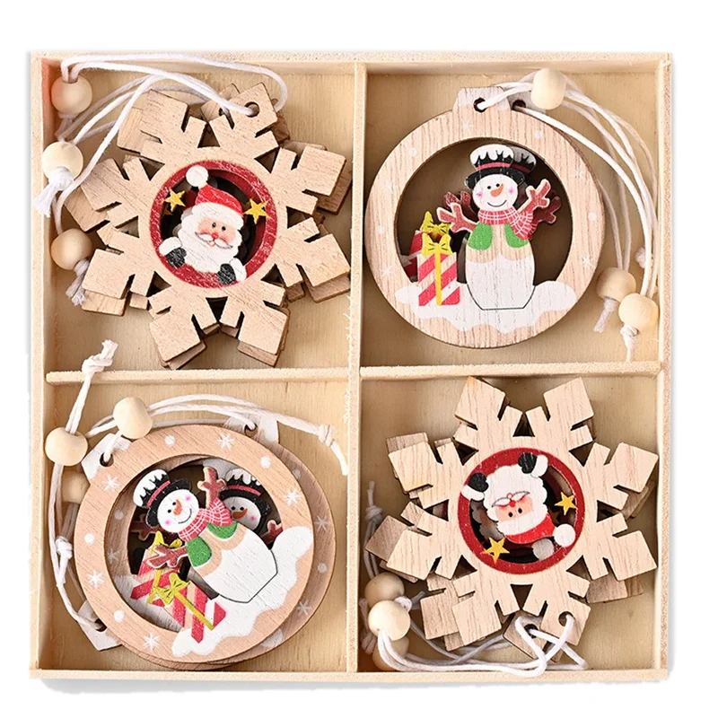 

12Pcs Wooden Pendant Santa Claus Snowflake Xmas Tree Ornaments Hanging Decor DIY Christmas Decorations for Home