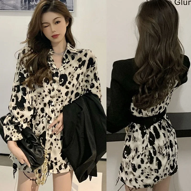 

Autumn And Winter Fashionable Leopard Print Long-sleeved Blouse Casual Loose-fitting Female Shirt Retro Versatile Shirt /