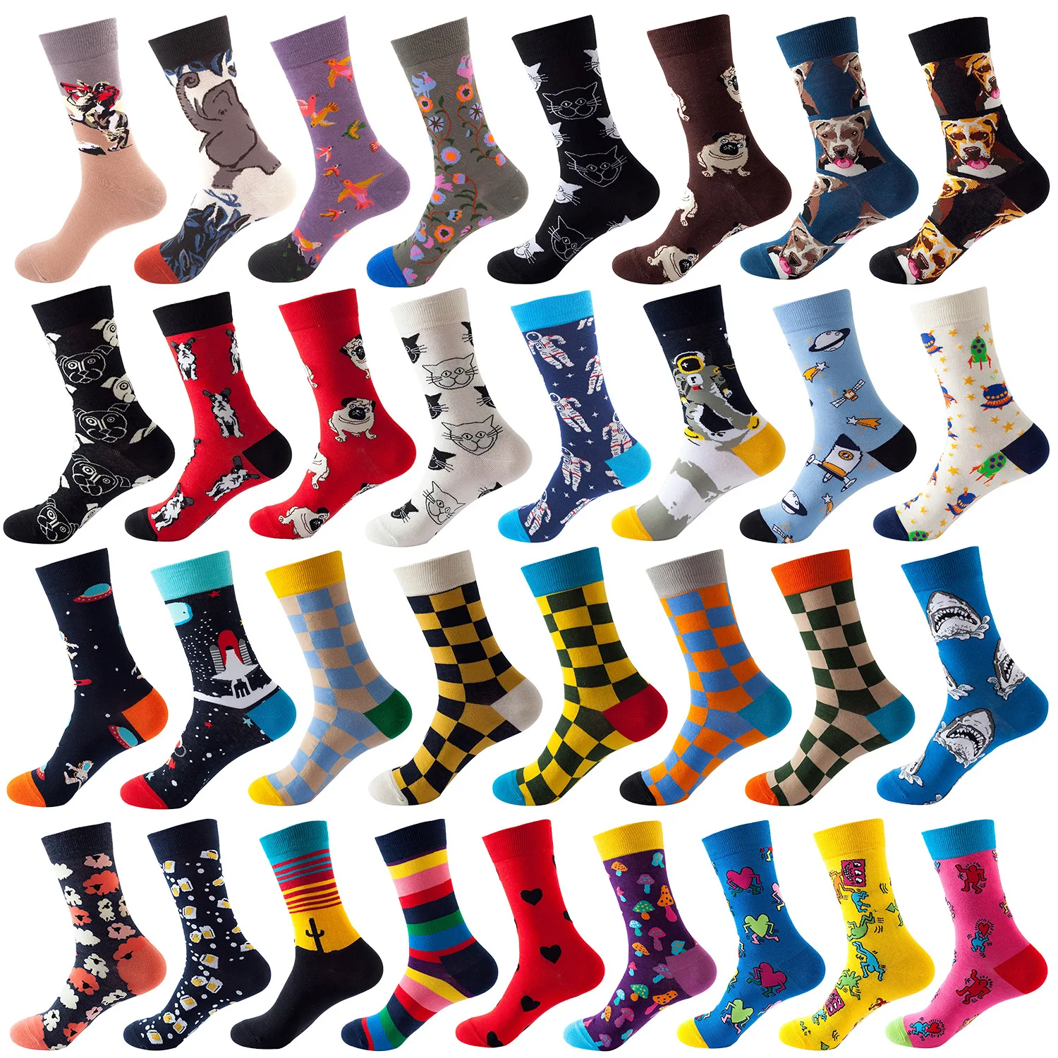 5pairs Fashion Funny Mens Socks Hip Hop Harajuku Kawaii Cartoon Cotton Socks Stripe Animal Plaid Happy Casual Sock Gifts for Men
