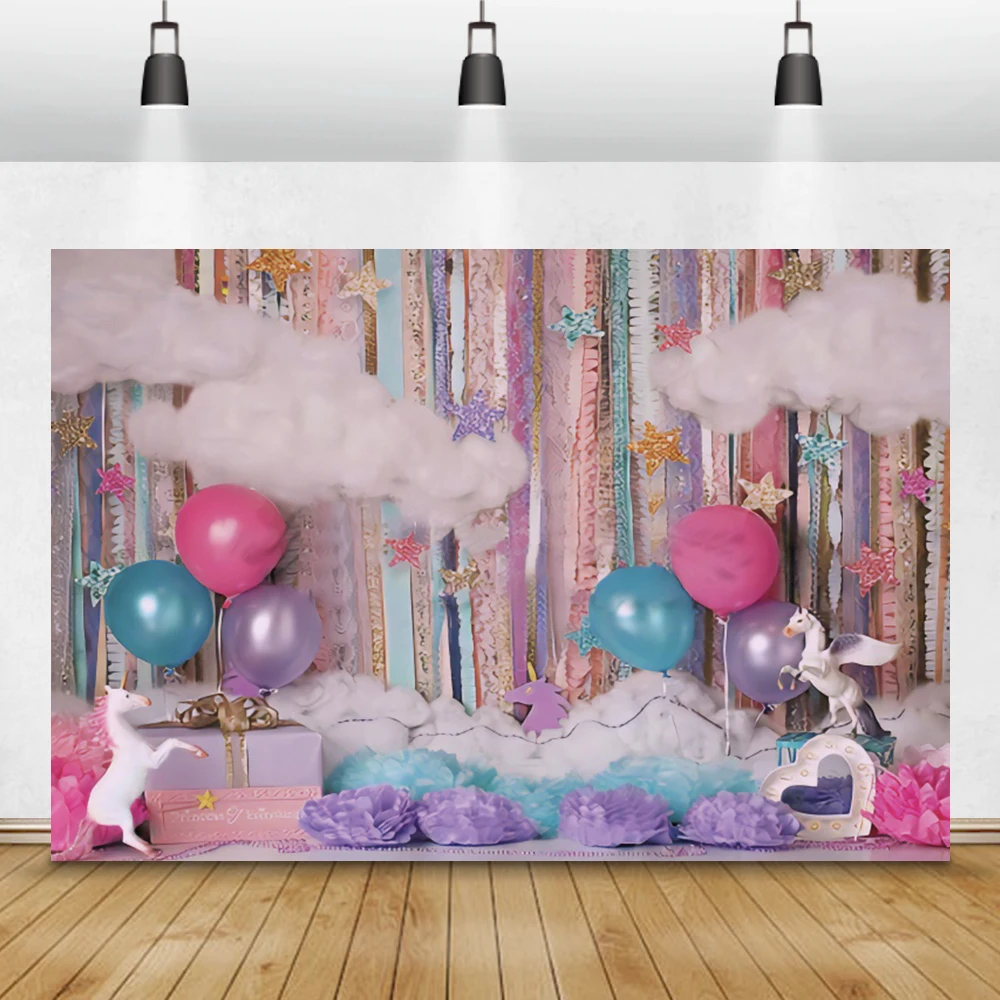 

Happy 1st 2 3 Birthday Baby Shower Decro Party Unicorn Balloons Star Cloud Photozone Photophone Photo Backdrop Photo Background