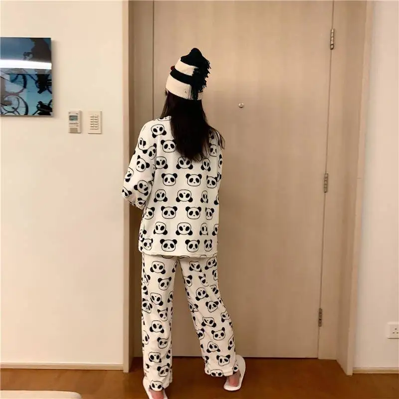 Женские теплые зимние фланелевые пижамы одежда для сна Kawaii Panda комплект из двух