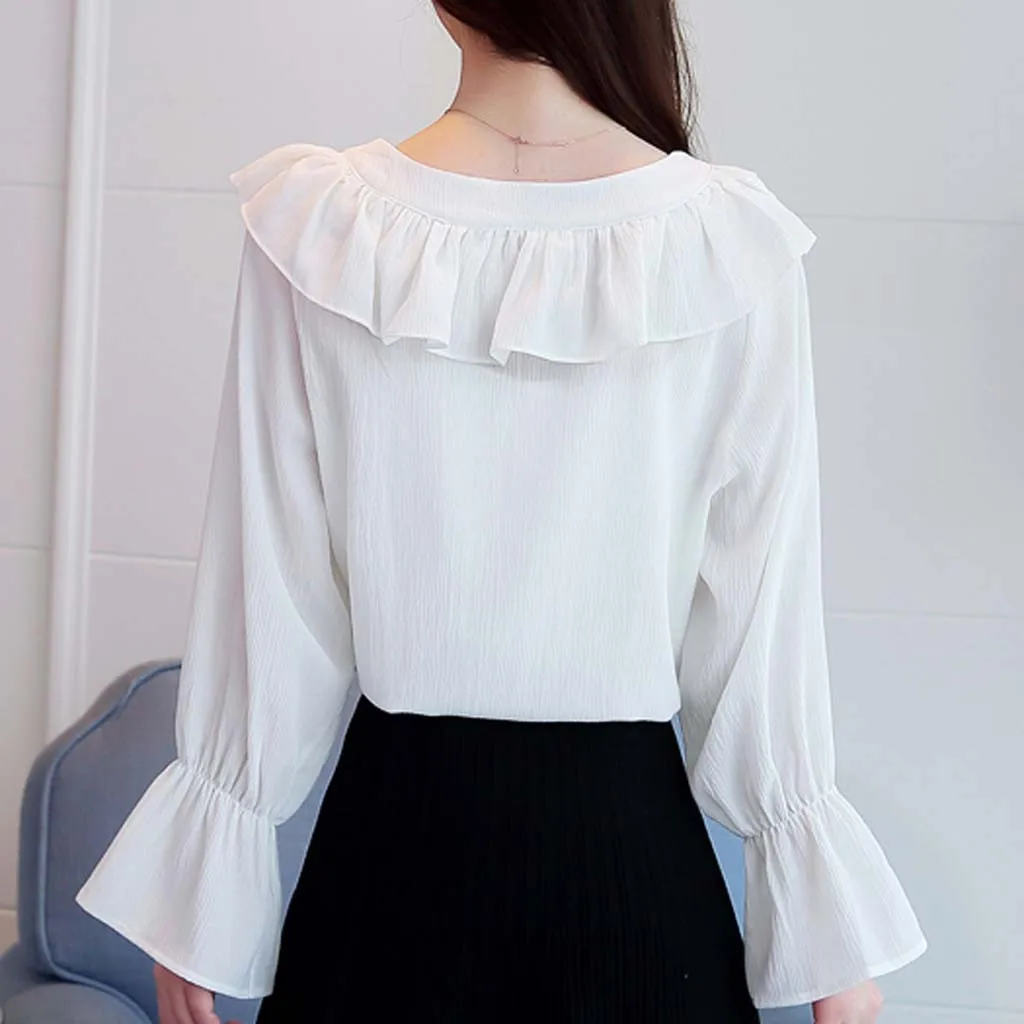 Женская мода галстук-бабочка оборки длинный рукав свободная тонкая шифоновая