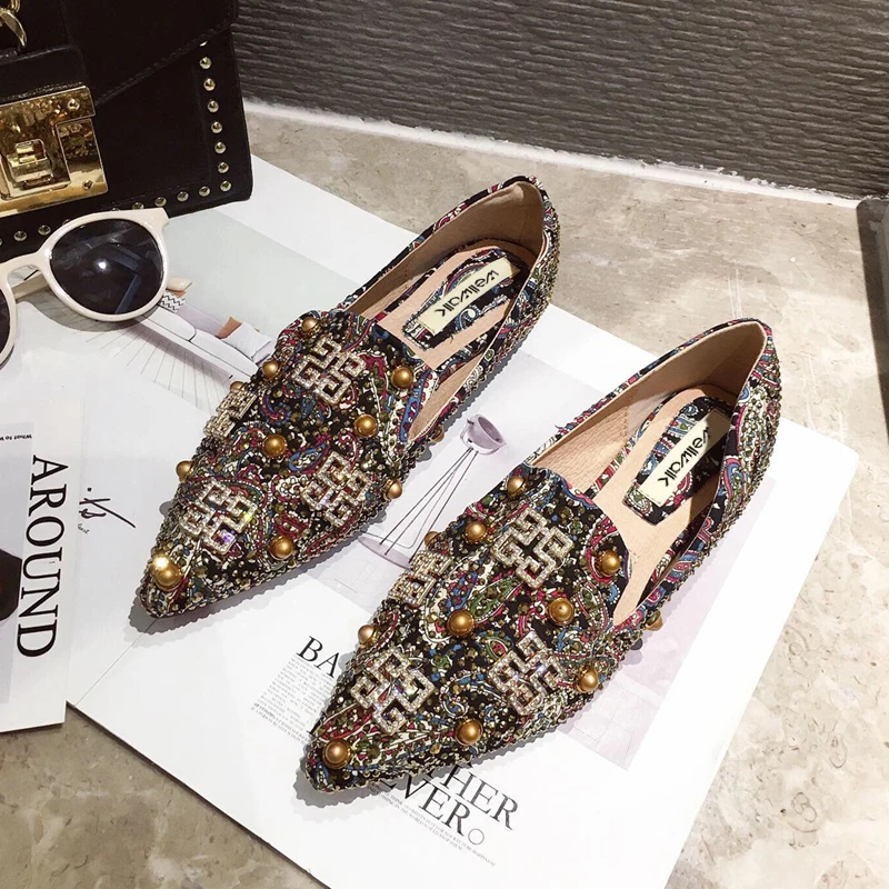 Женская обувь Лоферы на плоской подошве Балетки с острым носком Стразы Жемчуг