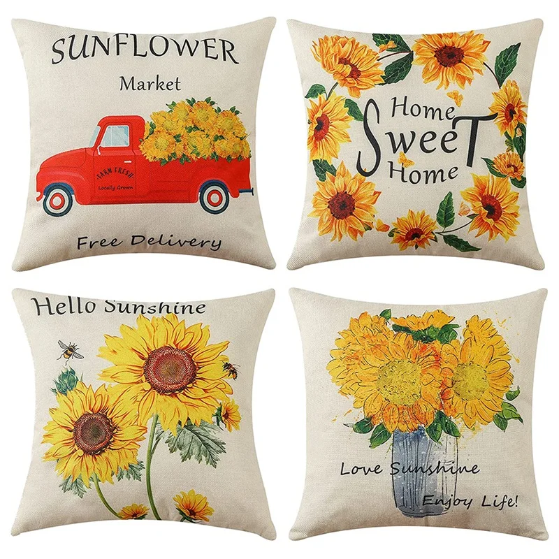

Sunflower Throw Pillow Covers 18X18 Set Of 4 Pillowcase For Summer Farmhouse Decorations Throw Cushion Cases For Home